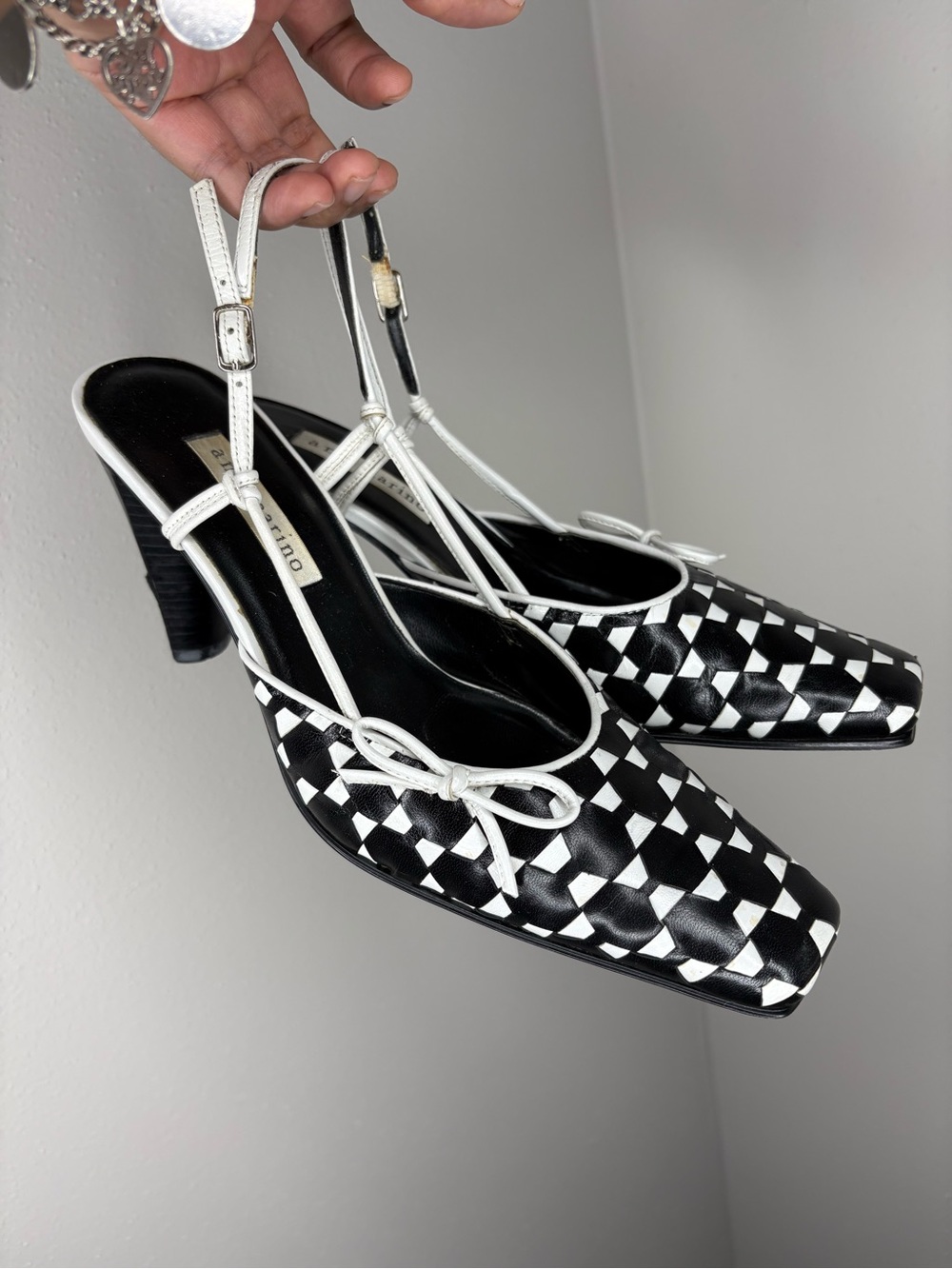 Black & White Woven Slingback Heels - Women
